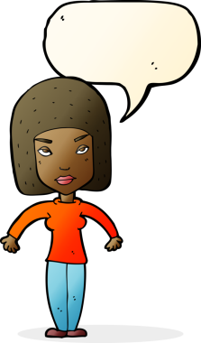 Bir insan tarafından çizilmiş konuşma baloncuğuyla omuz silken çizgi film kadını.