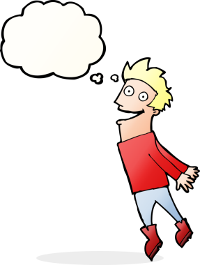 Karikatür sırılsıklam olmuş adam bir insan tarafından çizilmiş düşünce balonuyla uçuyor.