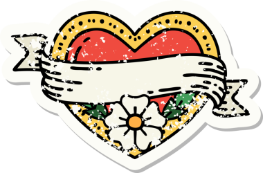 Geleneksel bir kalp stili ve insan tarafından çizilmiş çiçekli pankart dövmesi.