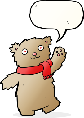 Bir insan tarafından çizilmiş konuşma balonlu eşarp giyen oyuncak ayı.