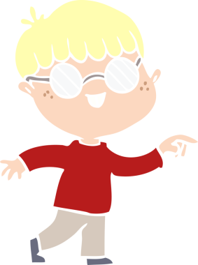 Bir insan tarafından çizilmiş gözlük takan düz renkli çizgi film çocuğu.