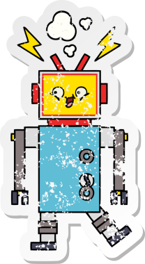 Bir insan tarafından çizilmiş sevimli bir robot çizgi film çıkartması.