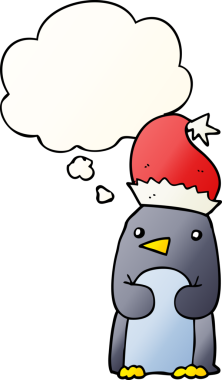 Hoş bir noel pengueni. Düşünce baloncuğu bir insan tarafından çizilmiş.
