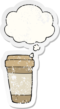 Düşünce baloncuklu çizgi film kahve fincanı insan tarafından çizilmiş yıpranmış bir çıkartma gibi.