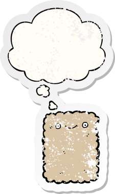 Düşünce baloncuklu çizgi film bisküvisi insan tarafından çizilmiş yıpranmış bir çıkartma.