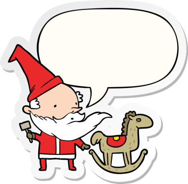 karikatür noel baba (veya elf) bir insan tarafından çizilmiş balon etiketli sallanan bir at yapıyor.