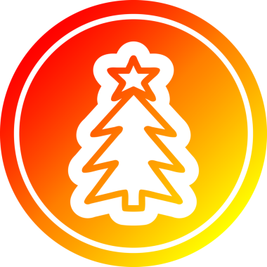 Bir insan tarafından çizilmiş sıcak gradyan bir ikona sahip Noel ağacı dairesel simgesi