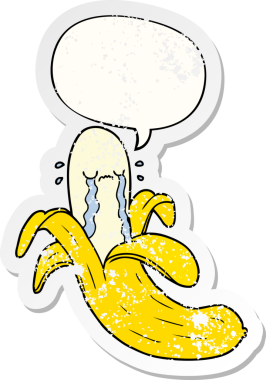 çizgi film ağlayan muz ve konuşma balonu bir insan tarafından çizilmiş sıkıntılı eski bir çıkartma