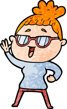 Bir insan tarafından çizilmiş gözlüklü mutlu kadın çizgi filmi.