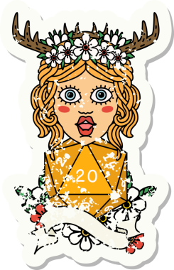 Bir insan tarafından çizilmiş doğal yirmi zarlı bir Druid 'in grunge çıkartması.