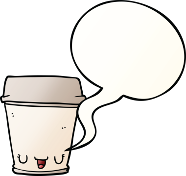 Bir insan tarafından çizilmiş yumuşak eğimli konuşma baloncuklu çizgi film kahve fincanı.