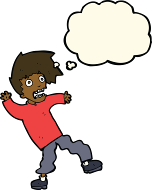 Bir insan tarafından çizilmiş düşünce baloncuğuyla dehşete düşmüş bir adam.