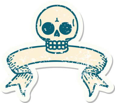 Bir insan tarafından çizilmiş kafatasının pankartıyla eski bir etiket.