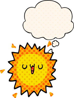 Bir insan tarafından çizilmiş çizgi roman tarzında düşünce baloncuklu çizgi film güneşi.