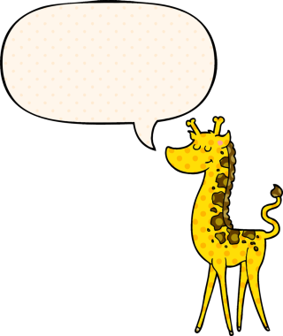 Bir insan tarafından çizilmiş çizgi roman tarzında konuşma balonu olan bir zürafa.