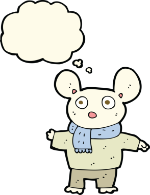 Bir insan tarafından çizilmiş düşünce baloncuklu kıyafet giymiş çizgi film faresi.