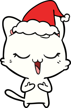 Mutlu el çizimi çizimi bir insan tarafından çizilmiş Noel Baba şapkası takan bir kedi.