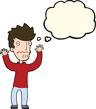 Bir insan tarafından çizilmiş düşünce baloncuğu olan korkmuş bir adam.