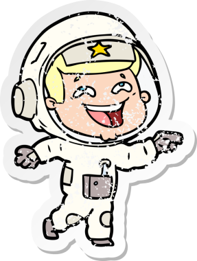 Bir insan tarafından çizilmiş gülen astronot çizgi filminin sıkıntılı çıkartması.