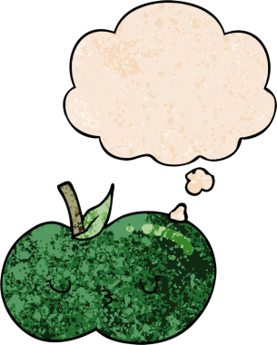 bir insan tarafından çizilmiş grunge desenli düşünce baloncuklu şirin elma çizgi filmi.
