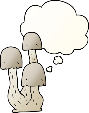 Düşünce baloncuğu olan karikatür mantarı bir insan tarafından çizilmiş.