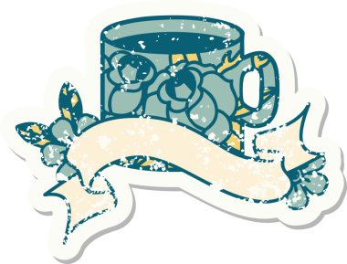 Bir fincan sancağıyla eski bir etiket ve bir insan tarafından çizilmiş çiçekler.