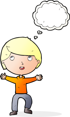 Bir insan tarafından çizilmiş düşünce balonu olan mutlu çocuk çizgi filmi.