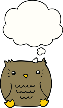 Bir insan tarafından çizilmiş düşünce baloncuklu çizgi film baykuşu