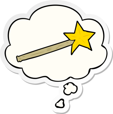 Düşünce baloncuklu sihirli değnek insan tarafından çizilmiş bir çıkartma.