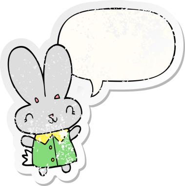 Sevimli çizgi film, konuşma baloncuğu olan minik tavşan bir insan tarafından çizilmiş sıkıntılı eski bir çıkartma.