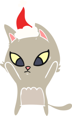 Bir insan tarafından çizilmiş Noel Baba şapkası takan bir kedinin düz renk çizimi.