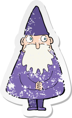 Bir insan tarafından çizilmiş bir çizgi film sihirbazının gerilimli çıkartması.