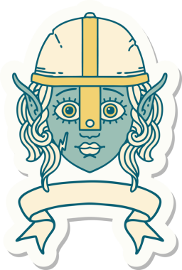 Bir elf savaşçısı karakterinin çıkartması, insan tarafından çizilmiş bir pankartıyla.