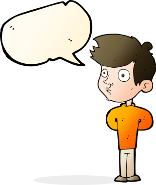 Bir insan tarafından çizilmiş konuşma balonuyla bakan çizgi film çocuğu.