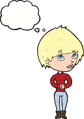 Bir insan tarafından çizilmiş düşünce baloncuğuyla düşünen çizgi film kadını.