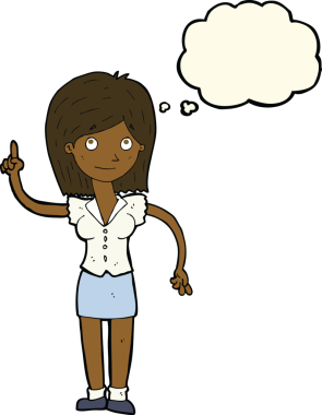 Bir insan tarafından çizilmiş düşünce baloncuğu fikri olan karikatür kadın.