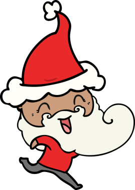 Bir insan tarafından çizilmiş Noel Baba şapkası giyen mutlu sakallı adam.