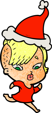 Bir insan tarafından çizilmiş Noel Baba şapkası giymiş şaşırmış bir kızın el çizimi karikatürü.