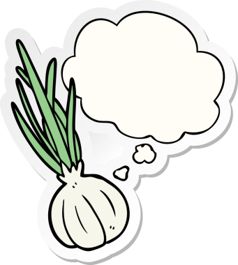 Düşünce baloncuklu karikatür sarımsağı insan tarafından çizilmiş bir çıkartma.