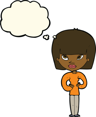 Bir insan tarafından çizilmiş düşünce baloncuğuyla kendine jest yapan karikatür kadın.