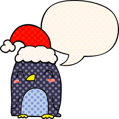 Bir insan tarafından çizilmiş çizgi roman tarzında konuşma balonu olan şirin bir Noel pengueni.