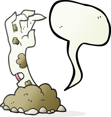 Bir insan tarafından çizilmiş serbest konuşma balonu çizilmiş zombi eli yerden yükseliyor.