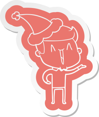 Bir insan tarafından çizilmiş Noel Baba şapkası giyen heyecanlı bir adamın garip çizgi film çıkartması.