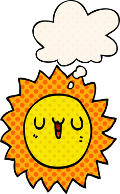 Bir insan tarafından çizilmiş çizgi roman tarzında düşünce baloncuklu çizgi film güneşi.