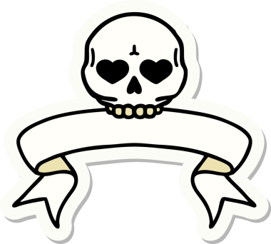 Bir insan tarafından çizilmiş kafatasının pankartıyla dövme stili etiketi