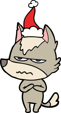 Bir insan tarafından çizilmiş Noel Baba şapkası giyen rahatsız bir kurdun el çizimi.