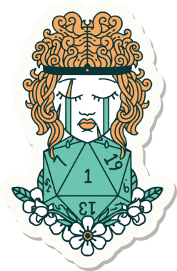 Bir insan tarafından çizilmiş doğal bir d20 rulo ile ağlayan bir insan barbarının çıkartması.