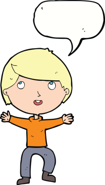 Bir insan tarafından çizilmiş konuşma balonu olan mutlu bir çocuk.