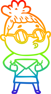 Gökkuşağı gradyan çizgi çizimi bir insan tarafından çizilmiş gözlük takan bir kadın.