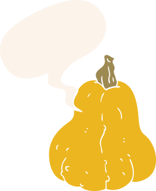 bir insan tarafından çizilmiş, konuşma baloncuklu çizgi film kabağı.